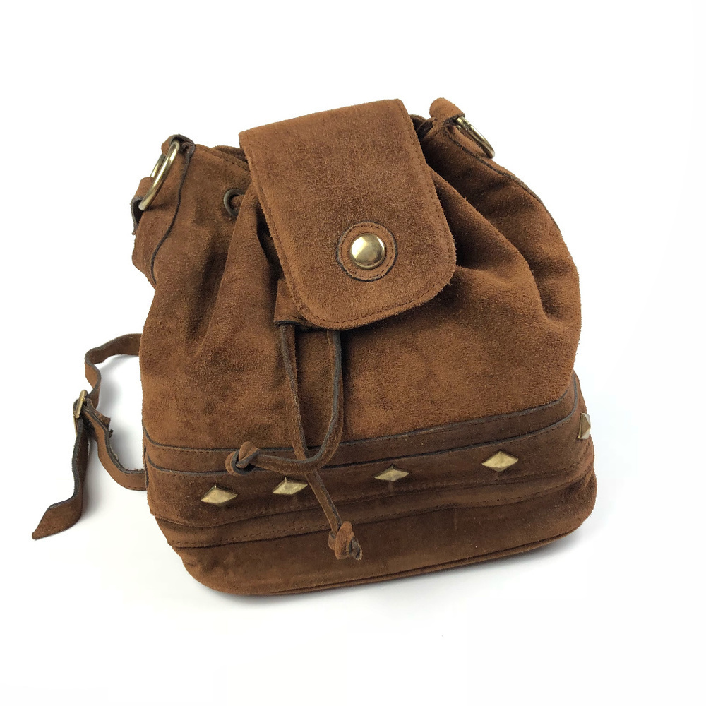Vintage Brown Suede Gold Stud Drawstring Bag
